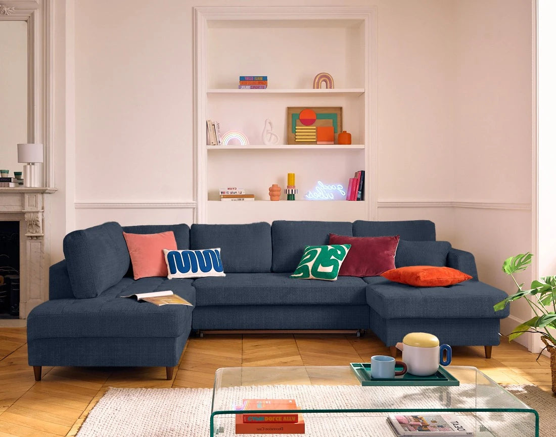 Canapé panoramique convertible  d'angle gauche BEST MOBILIER Anna 7 places avec coffre en velours texturé bleu — photo produit