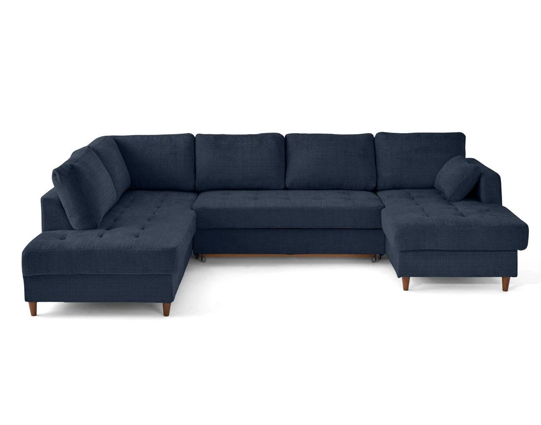 Canapé panoramique convertible  d'angle gauche BEST MOBILIER Anna 7 places avec coffre en velours texturé bleu — photo produit