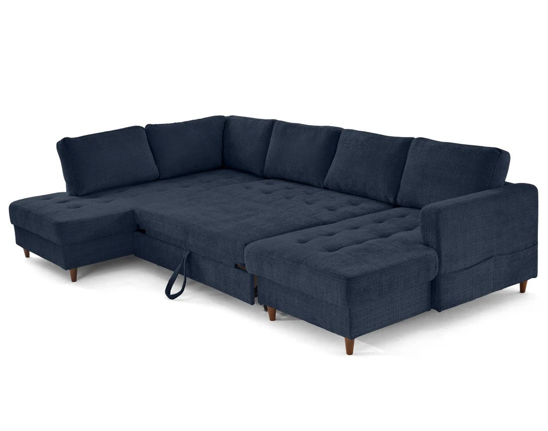 Canapé panoramique convertible  d'angle gauche BEST MOBILIER Anna 7 places avec coffre en velours texturé bleu — photo produit