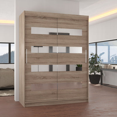 Armoire LES TENDANCES Bozika bois truffe 2 portes coulissantes bois truffe et miroirs horizontaux 150 cm
