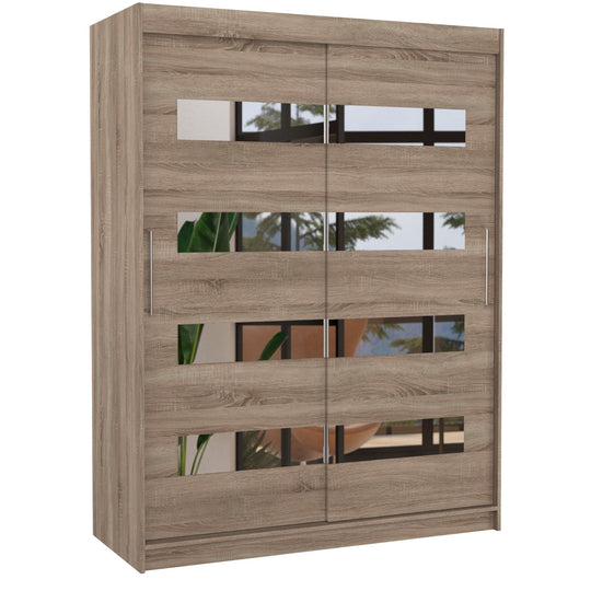 Armoire LES TENDANCES Bozika bois truffe 2 portes coulissantes bois truffe et miroirs horizontaux 150 cm