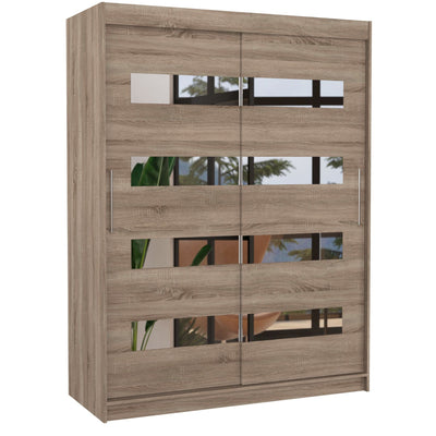 Armoire LES TENDANCES Bozika bois truffe 2 portes coulissantes bois truffe et miroirs horizontaux 150 cm