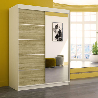 Armoire LES TENDANCES 2 portes coulissantes 1 naturel et 1 miroir Limka 150 cm Blanche