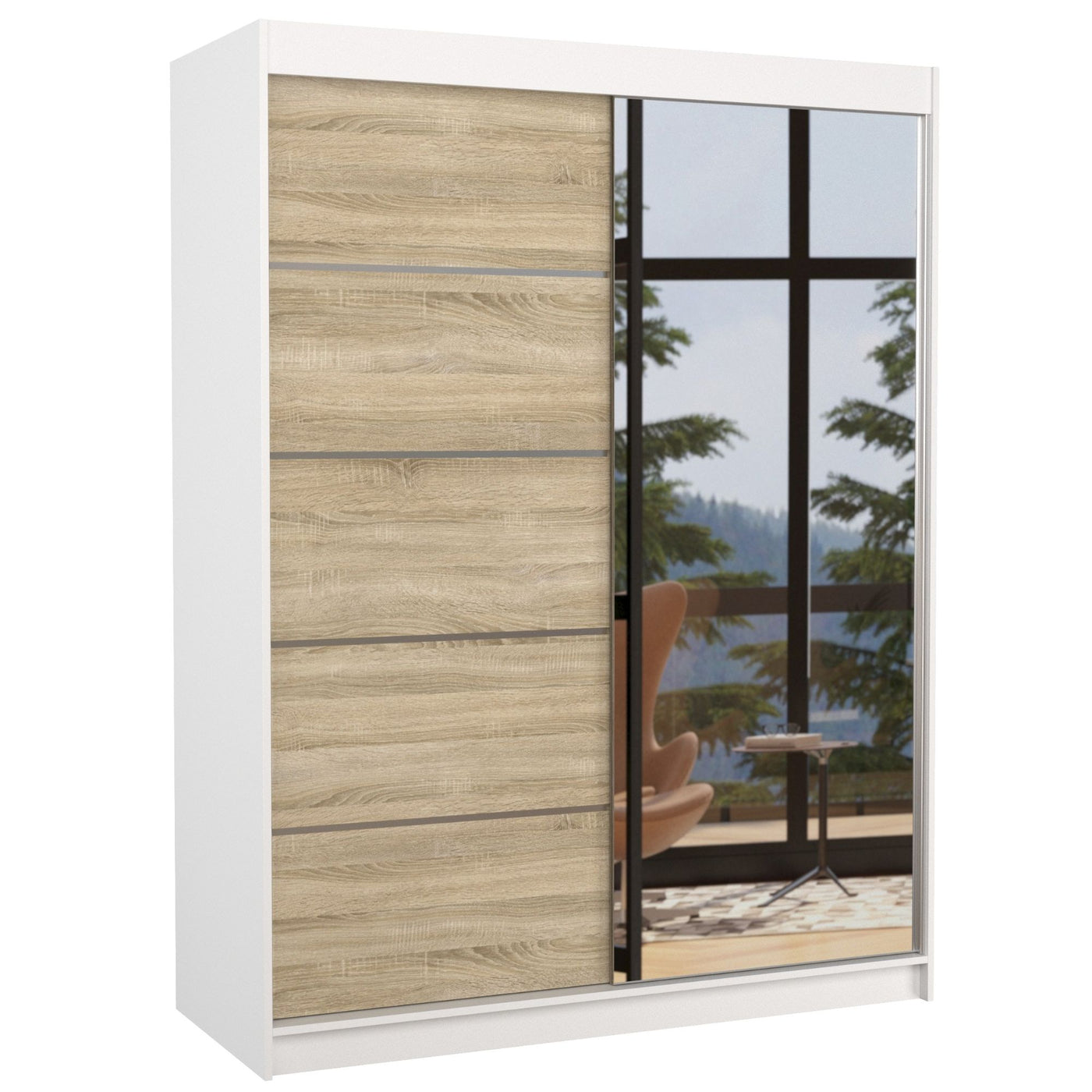 Armoire LES TENDANCES 2 portes coulissantes 1 naturel et 1 miroir Limka 150 cm Blanche