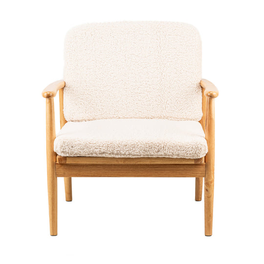 Fauteuil de salon en bois massif et bouclettes blanches