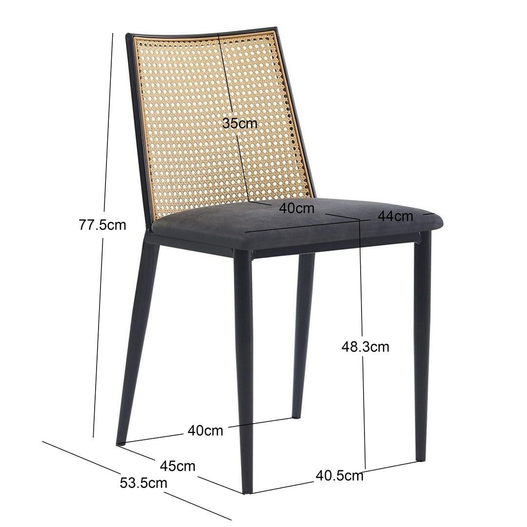 Lot de 2 chaises en métal et cannage avec assise en simili noir
