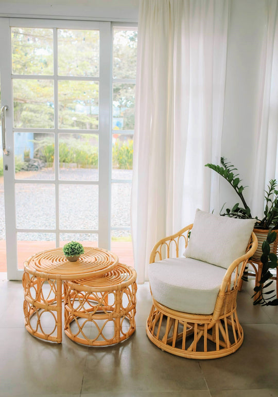 Fauteuil Nordlys en rotin naturel et tissu beige PALOPO
