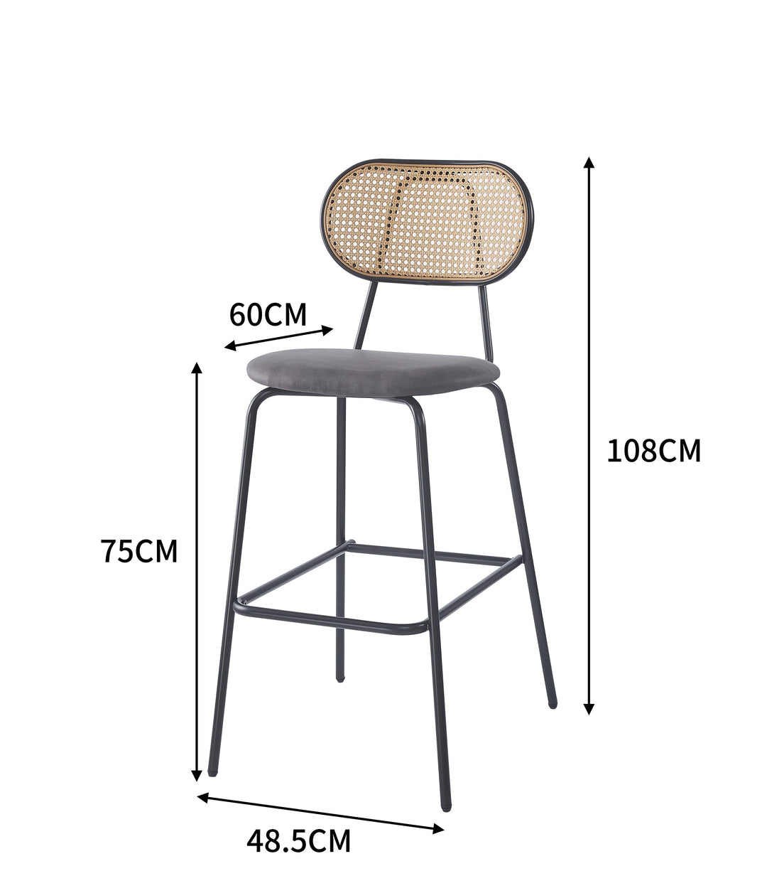 Lot de 2 tabourets de bar en métal et cannage simili noir