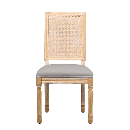 Lot de 2 chaises en bois et cannage avec assise en tissu gris fonce