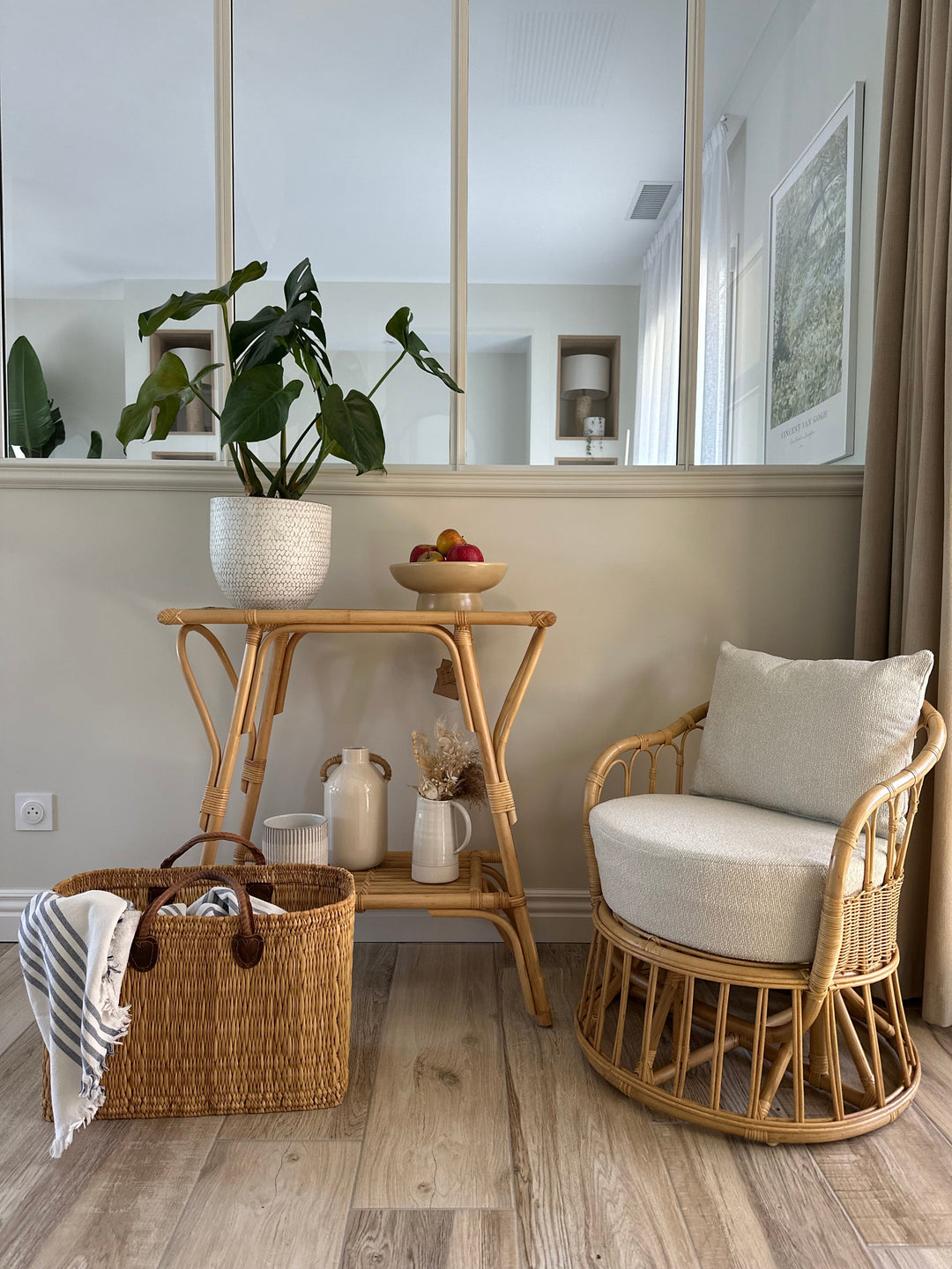 Fauteuil Nordlys en rotin naturel et tissu beige PALOPO
