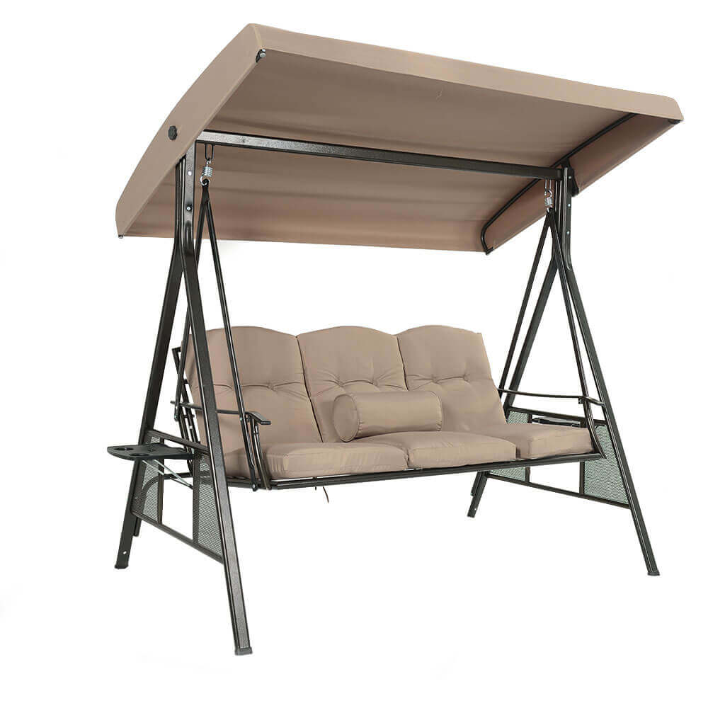Balançoire hollywoodienne HOME DELUXE Descanso Beige 3 places avec porte-boisson, coussins d'assise et de dossier