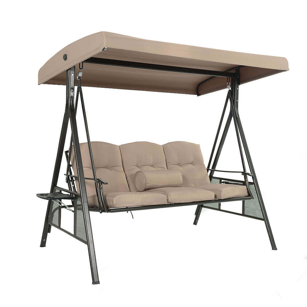 Balançoire hollywoodienne HOME DELUXE Descanso Beige 3 places avec porte-boisson, coussins d'assise et de dossier