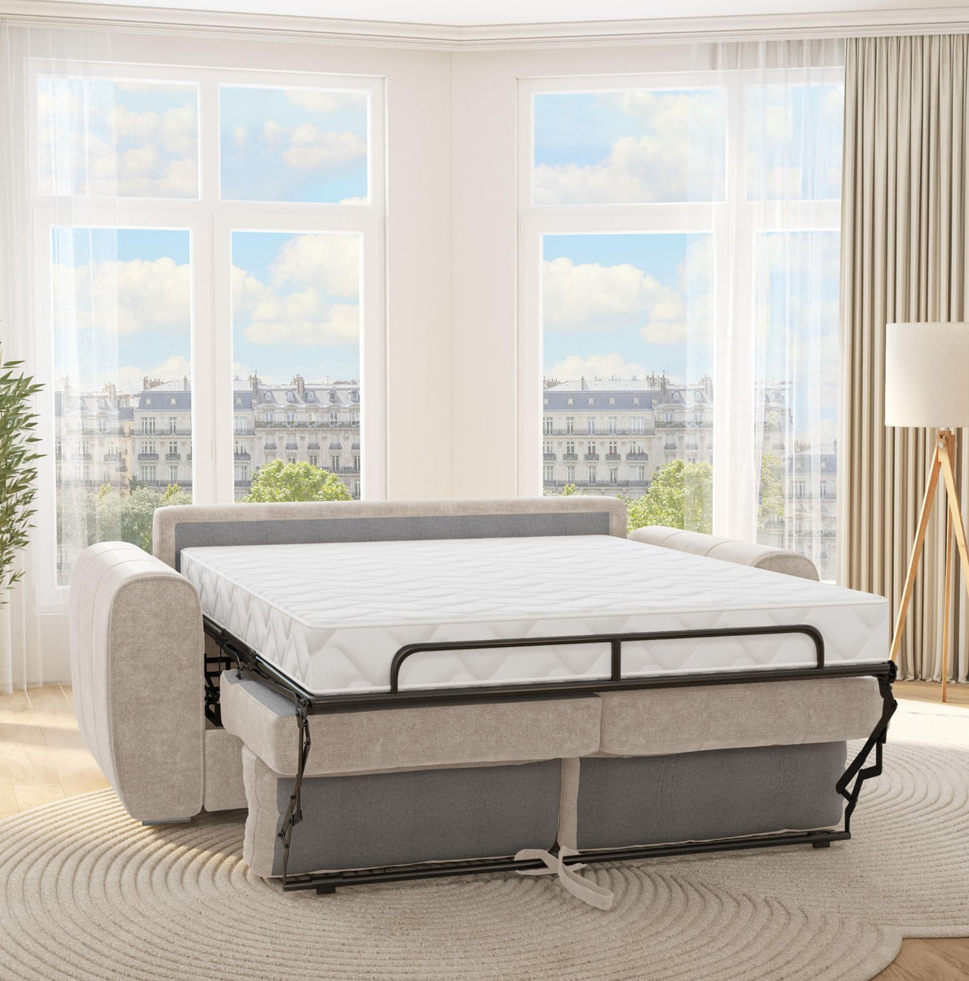 Canapé 4 places convertible express en tissu beige - Couchage 160 cm - Matelas 22 cm avec mémoire de forme BOLIPO