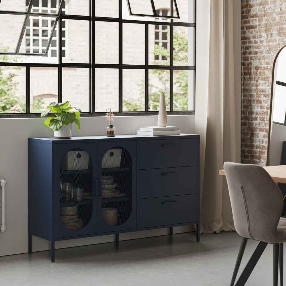 Buffet Zio DRAWER 2 portes en métal bleu nuit L140cm