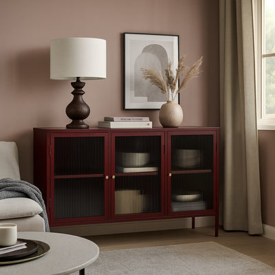 Buffet DRAWER 3 portes en verre strié et métal BJORN Bordeaux