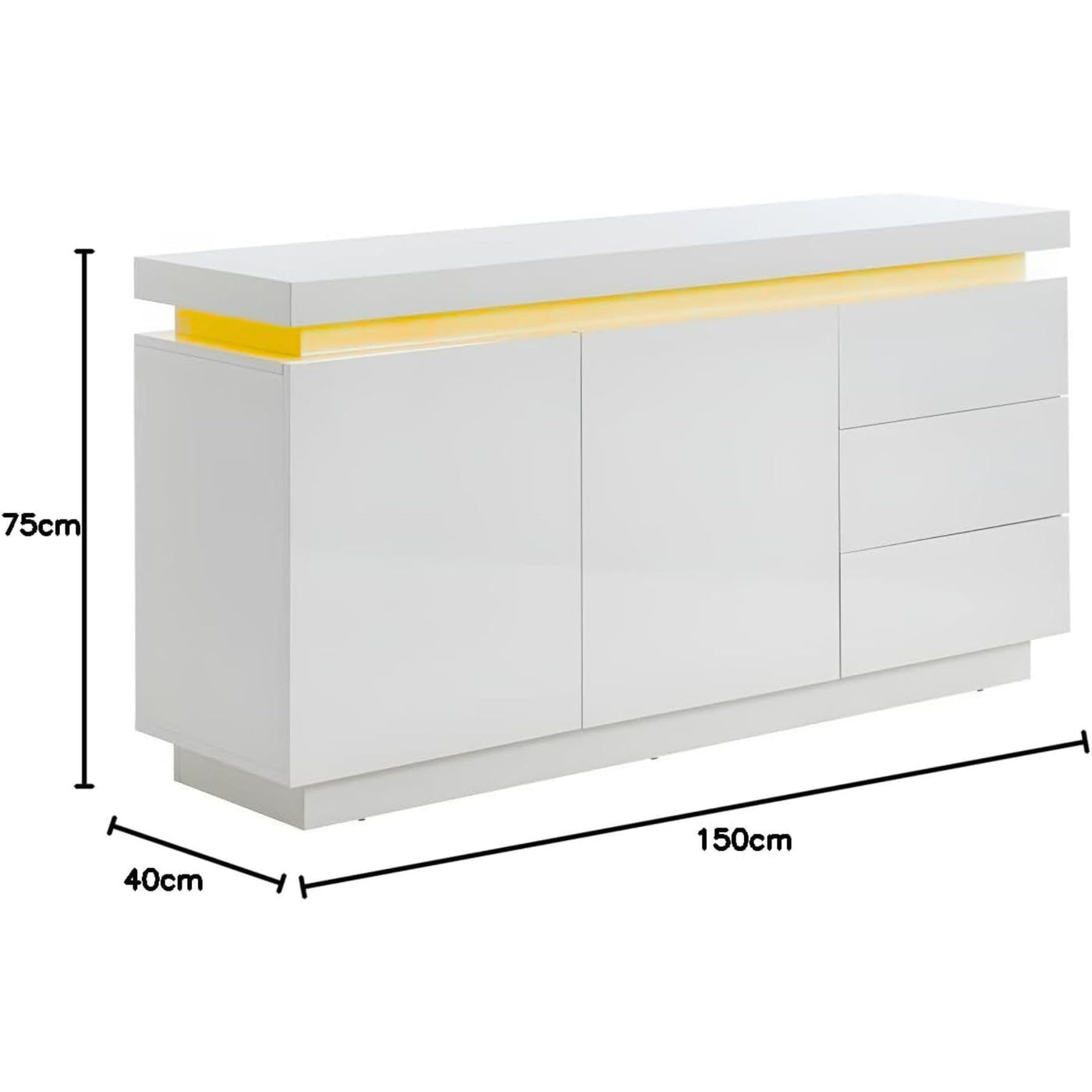 Buffet EMERSON II 2 portes & 3 tiroirs laqué blanc avec LEDs intégrées
