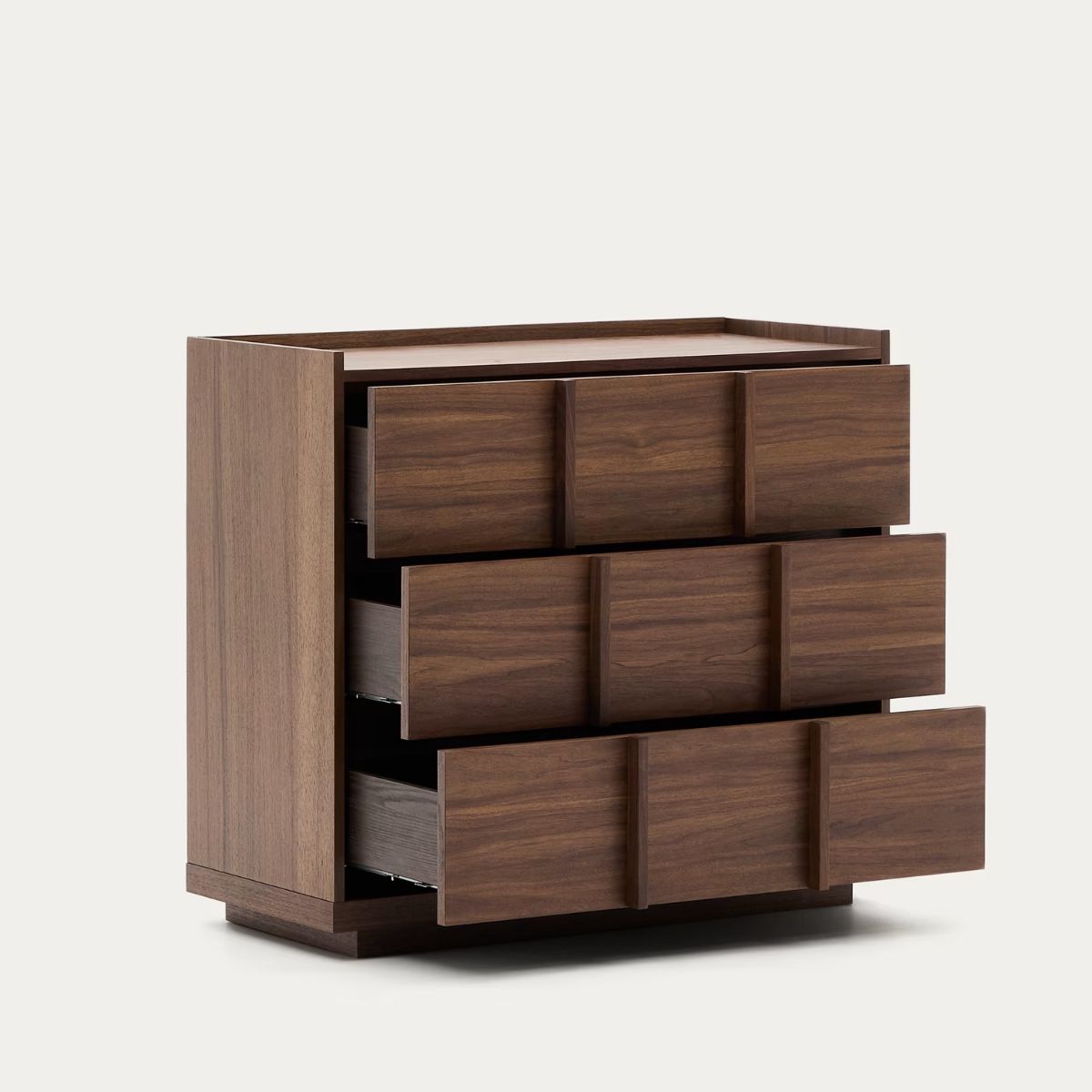 Kave Home- Commode Onix 3 tiroirs en placage de noyer finition foncée 100 x 78 cm