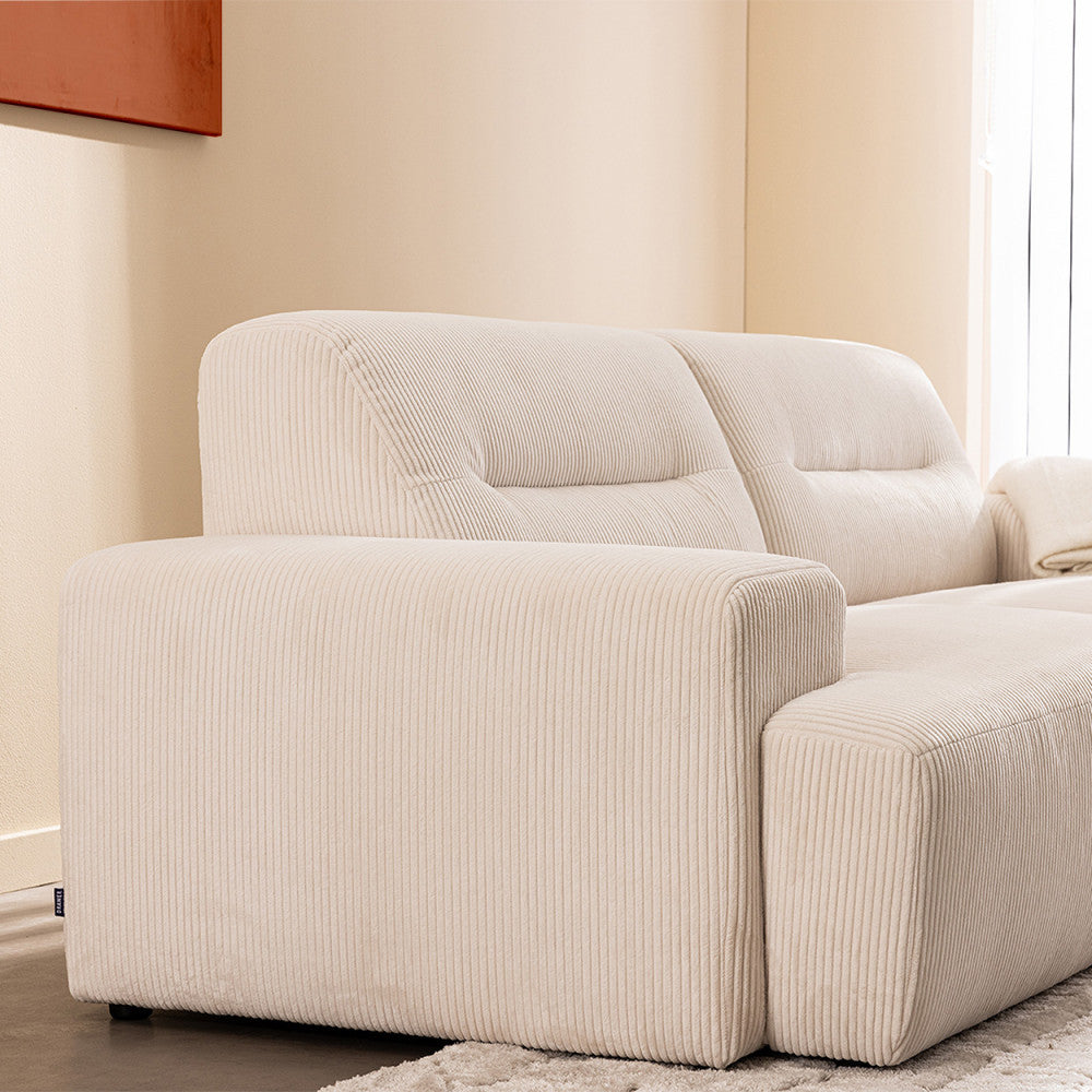 Canapé droit 4 places en velours côtelé ecru à accoudoirs larges Drawer