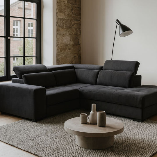 ALINEA Canapé Origano d'angle droit convertible avec coffre en tissu doux - gris ardoise