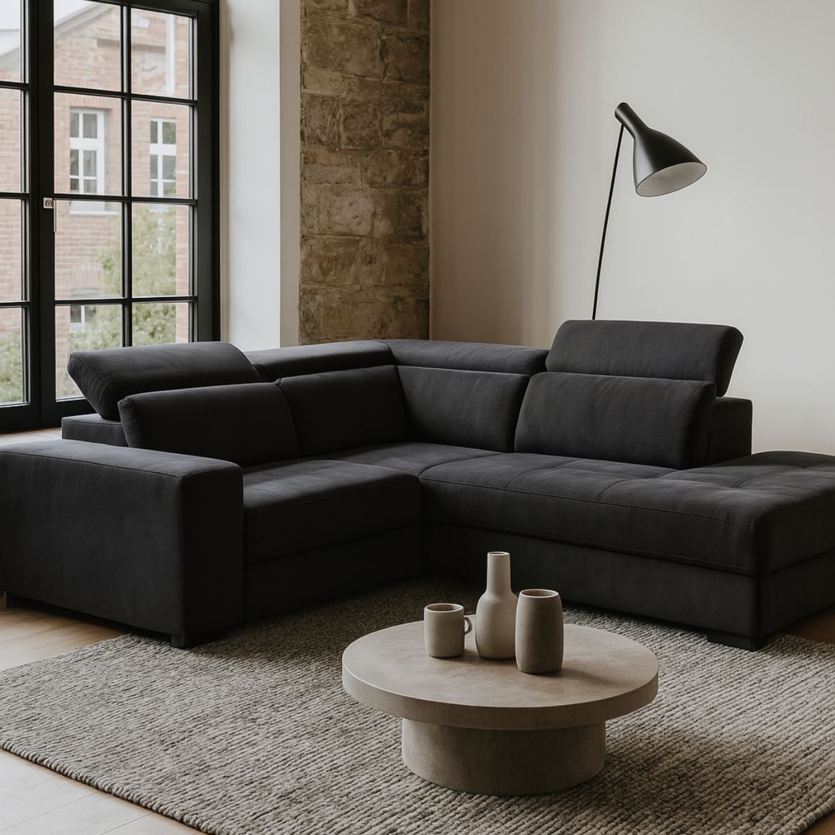 ALINEA Canapé Origano d'angle droit convertible avec coffre en tissu doux - gris ardoise