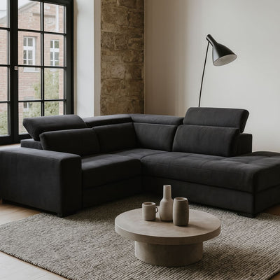 ALINEA Canapé Origano d'angle droit convertible avec coffre en tissu doux - gris ardoise