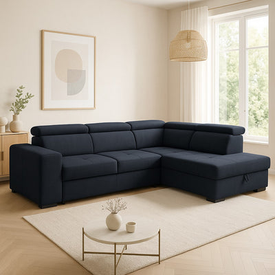 ALINEA Canapé Origano bleu calabrun d'angle droit convertible avec coffre en tissu doux