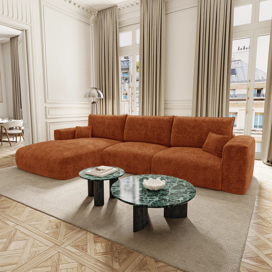 Canapé angle gauche convertible PREMIUM INTERIORS Como 5 places avec coffre en tissu bouclé terracotta