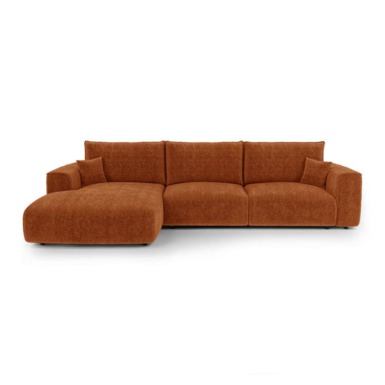 Canapé angle gauche convertible PREMIUM INTERIORS Como 5 places avec coffre en tissu bouclé terracotta
