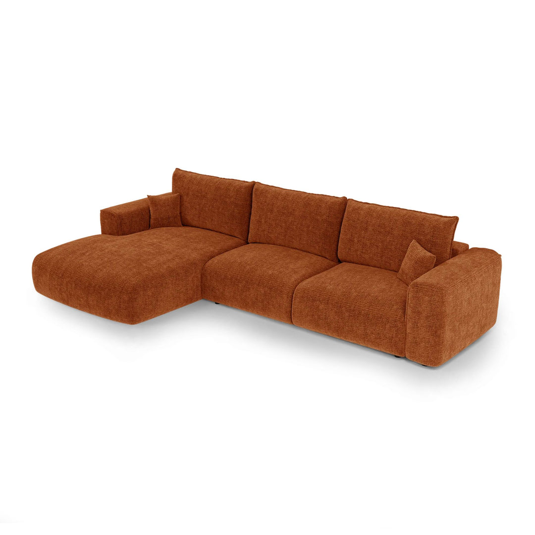 Canapé angle gauche convertible PREMIUM INTERIORS Como 5 places avec coffre en tissu bouclé terracotta
