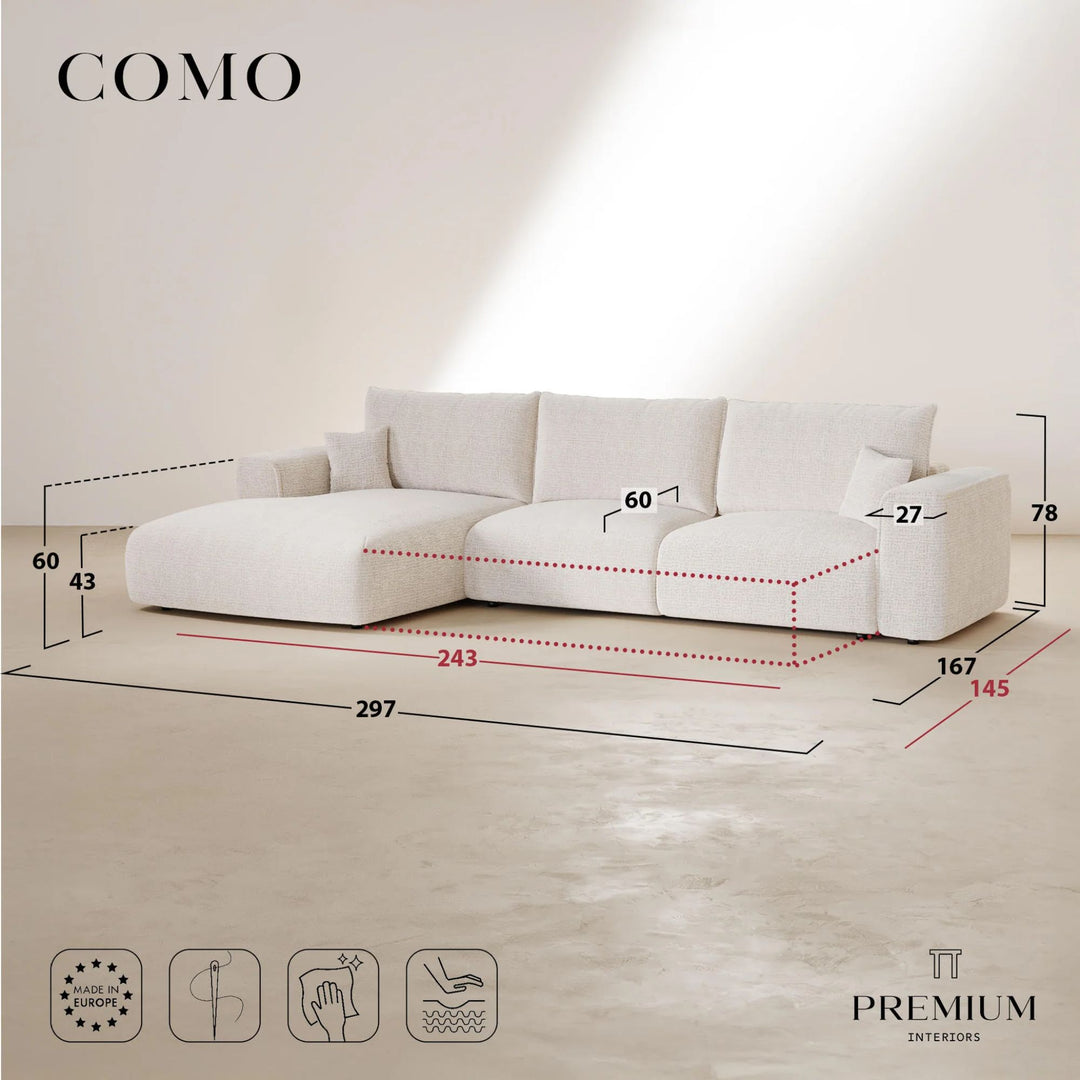 Canapé angle gauche convertible PREMIUM INTERIORS Como 5 places avec coffre en tissu bouclé terracotta