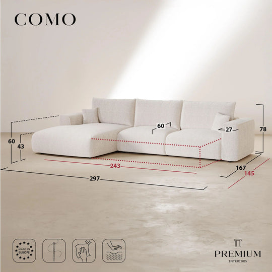 Canapé angle gauche convertible PREMIUM INTERIORS Como 5 places avec coffre en tissu bouclé terracotta