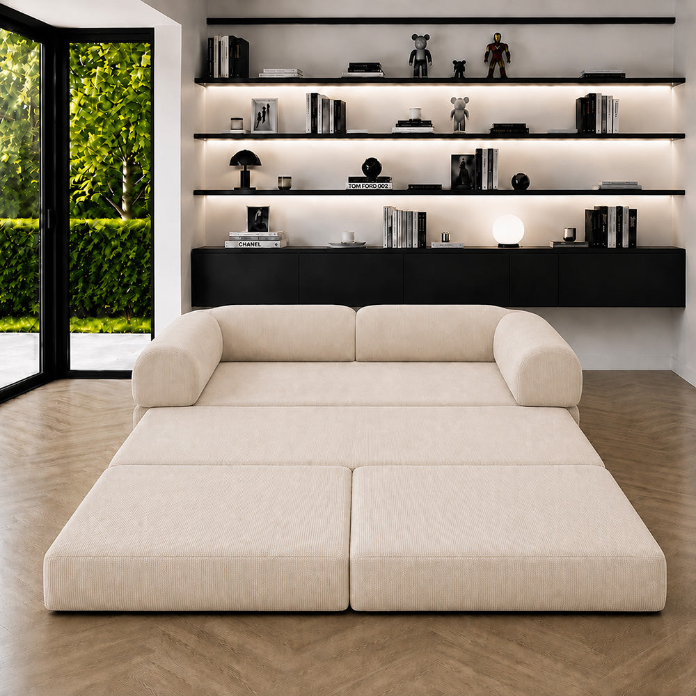 Canapé compressé 5 places à mémoire de forme en velours côtelé beige BARRY