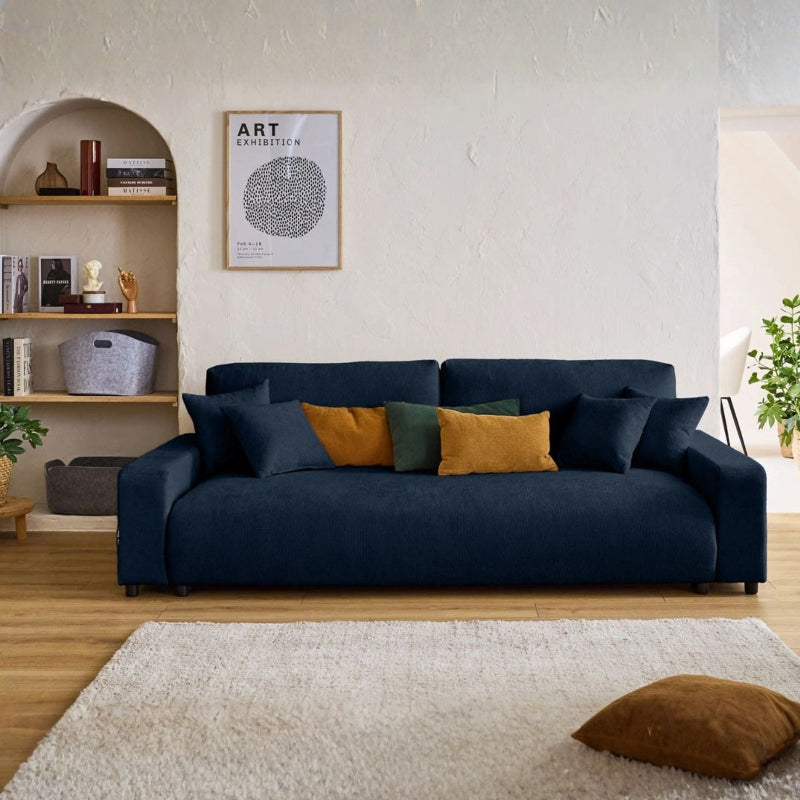 Canapé convertible BESTMOBILIER Pivoine 3 places avec coffre en velours texturé bleu