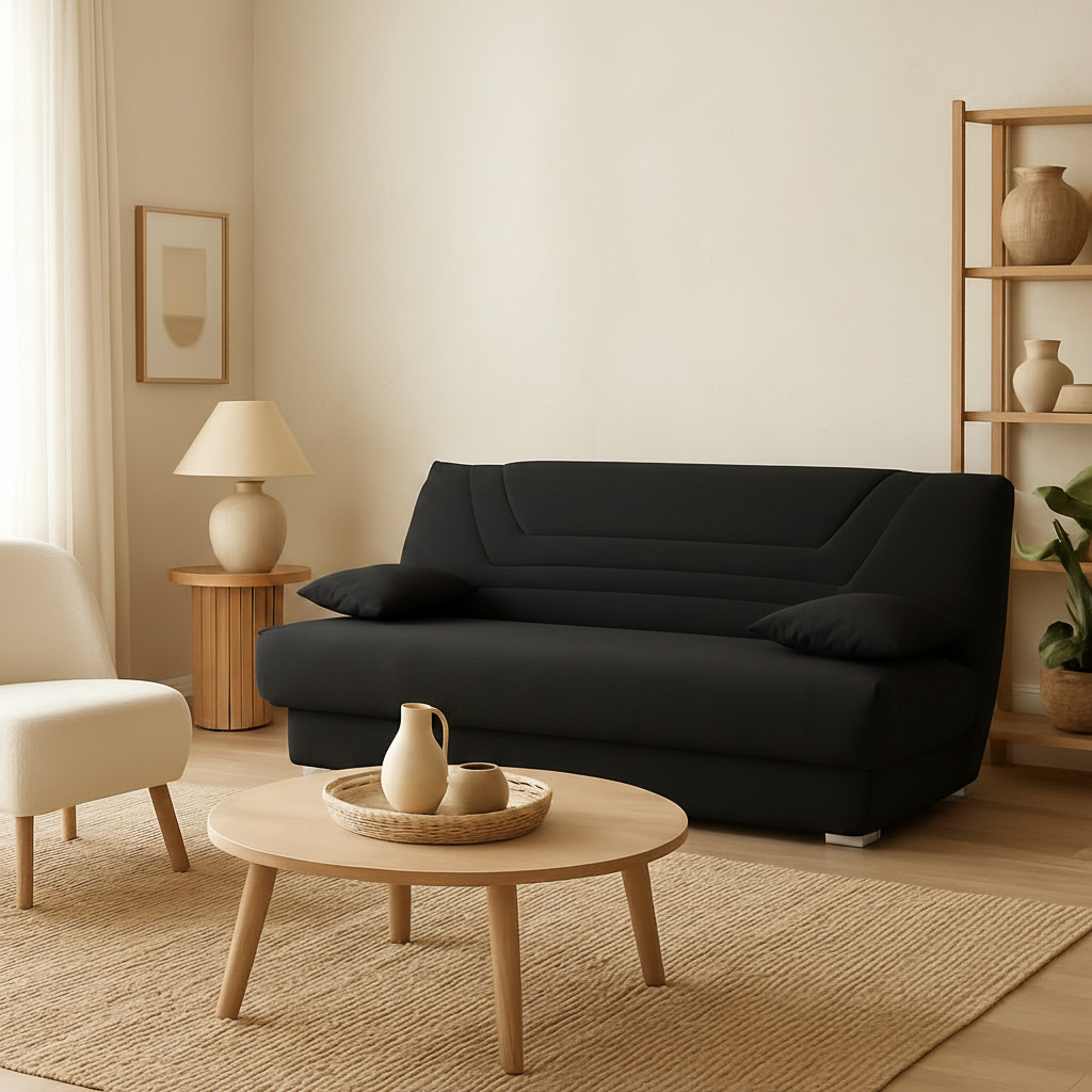 Canapé convertible clic clac BULTEX Sabor en tissu noir avec rangement 193cm