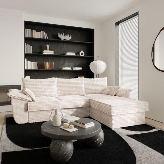 Canapé convertible d'angle droit SIA HOME Sasha en velours côtelé XXL crème 257cm