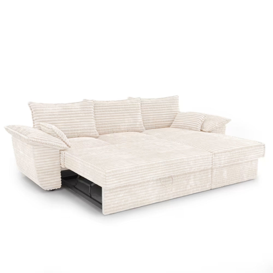 Canapé convertible d'angle droit SIA HOME Sasha en velours côtelé XXL crème 257cm