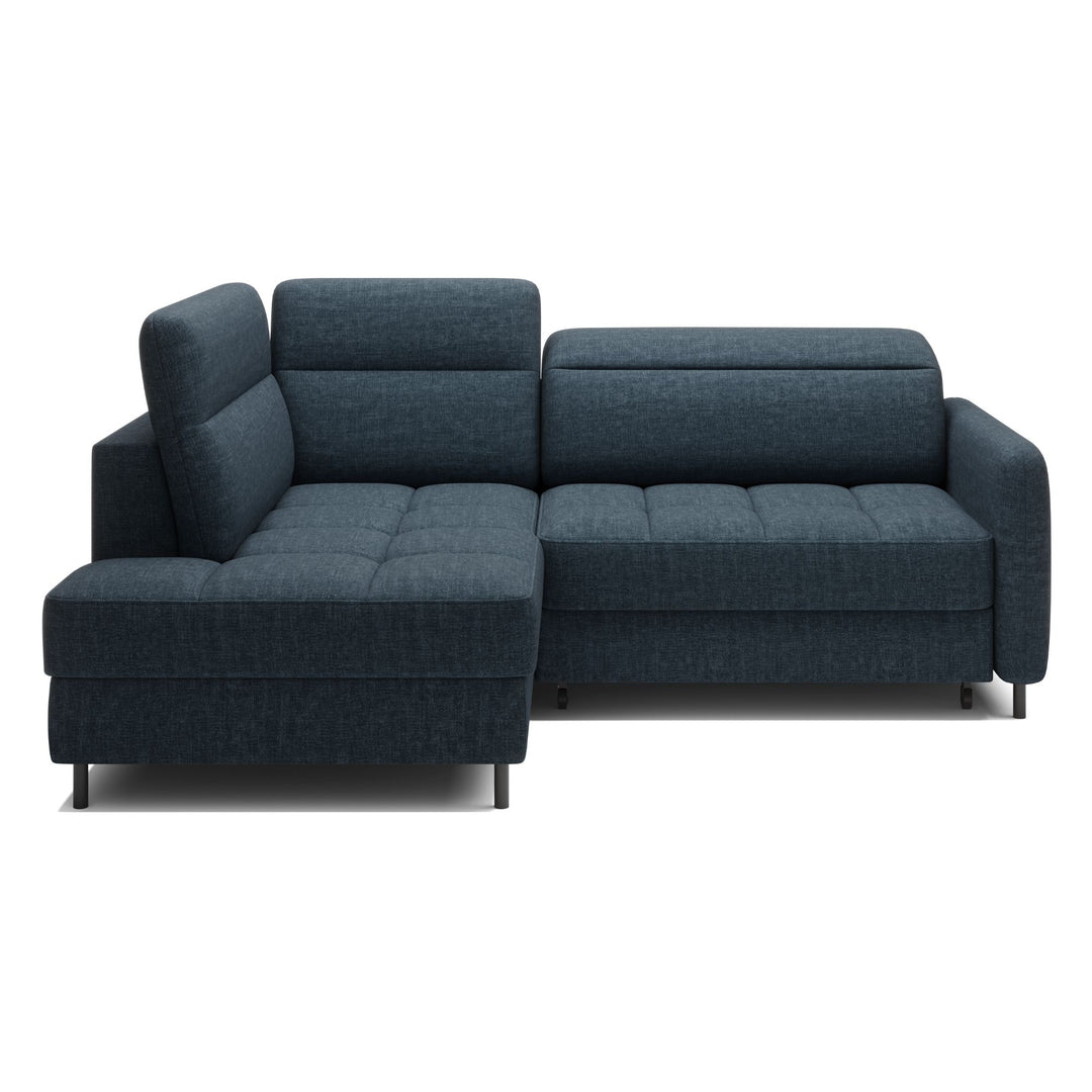 Canapé convertible d'angle gauche Borea en tissu bleu foncé avec coffre