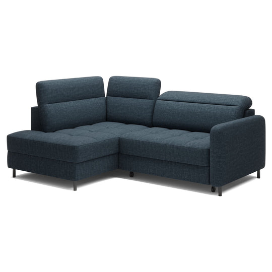 Canapé convertible d'angle gauche Borea en tissu bleu foncé avec coffre