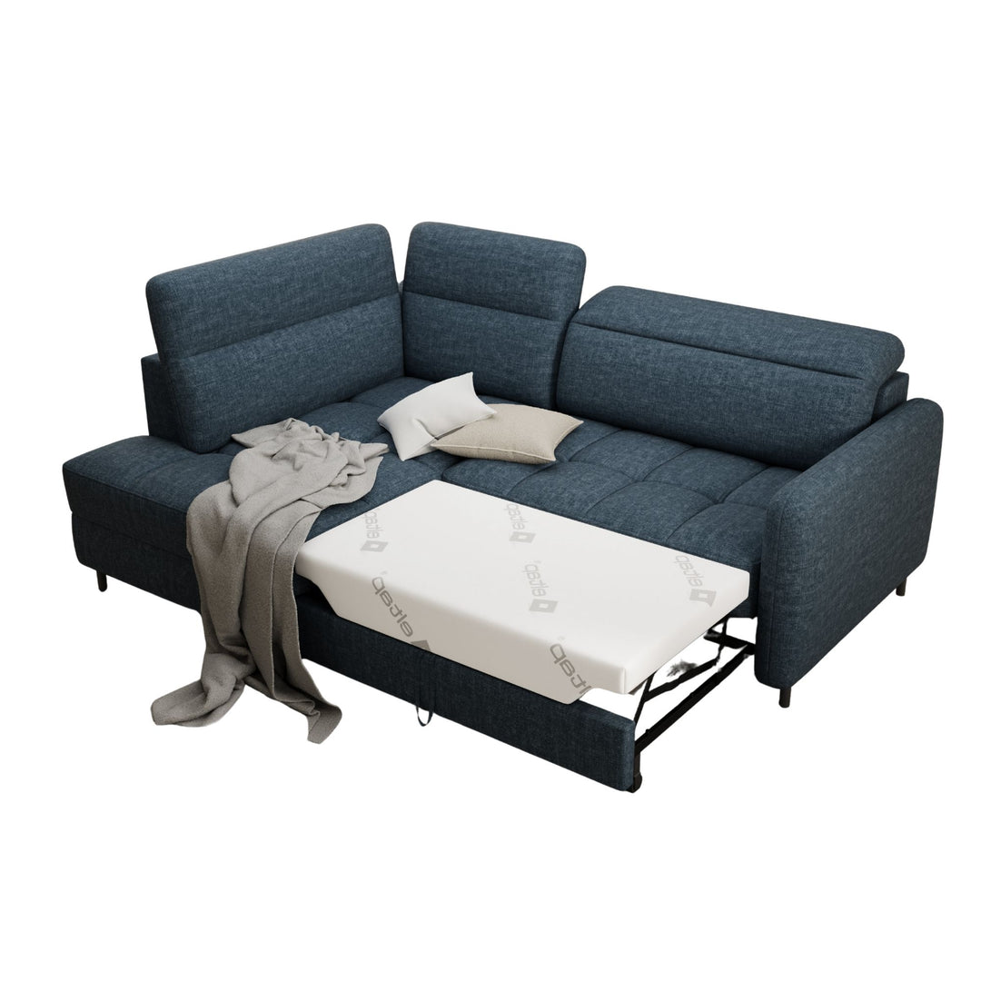 Canapé convertible d'angle gauche Borea en tissu bleu foncé avec coffre