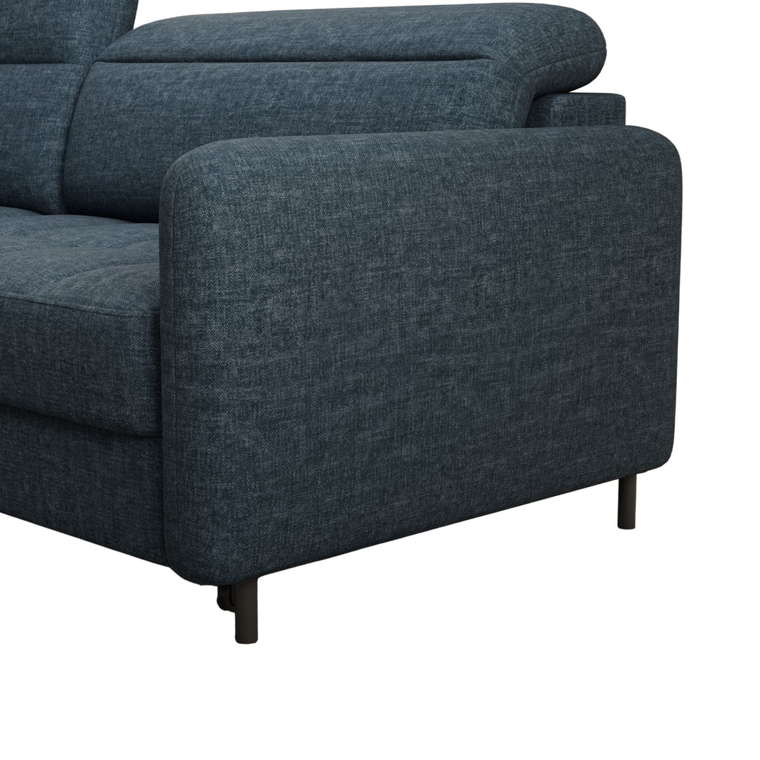 Canapé convertible d'angle gauche Borea en tissu bleu foncé avec coffre