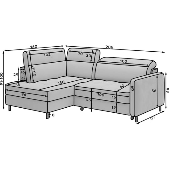Canapé convertible d'angle gauche Borea en tissu bleu foncé avec coffre