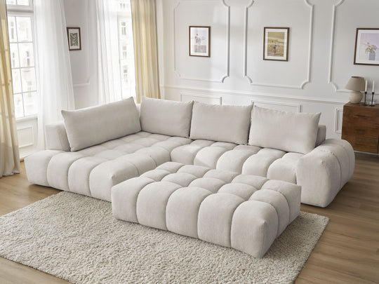 Canapé d'angle gauche EVEREST 4 coussins tissu texturé avec pouf