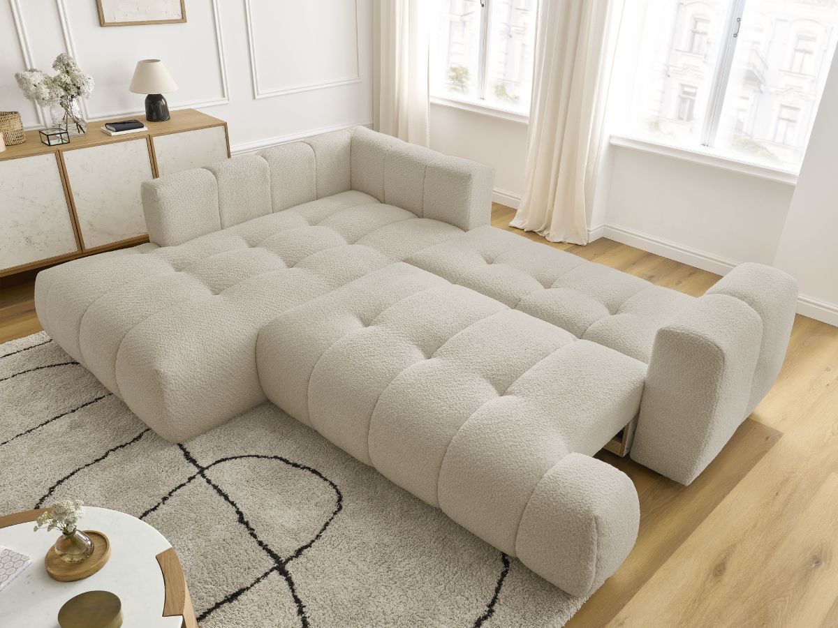 Canapé d'angle gauche L convertible BOBOCHIC Fuji en tissu lisse beige
