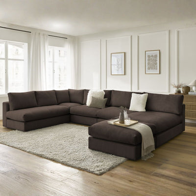 Canapé d'angle modulable BOBOCHIC Paris en velours côtelé Marron avec 3 chauffeuses, 1 méridienne, 1 angle, et 1 pouf