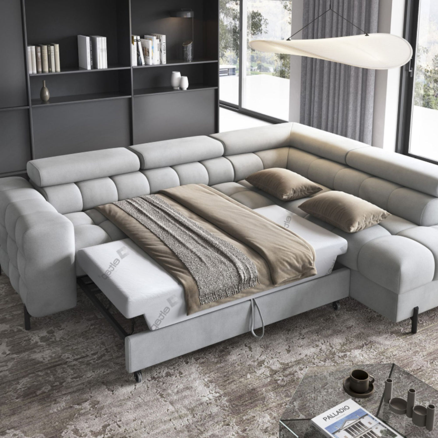 Canapé d'angle droit convertible ELTEP Ferucce 5 places en tissu gris