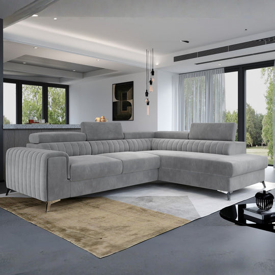 Canapé d'angle convertible LES TENDANCES Loza 5 places en velours Gris avec coffre