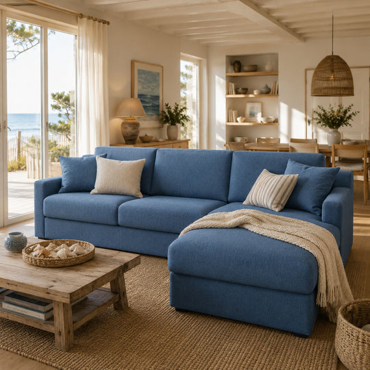 Canapé d'angle convertible réversible CAMIF Aubin grand 3 places en tissu déhoussable bleu