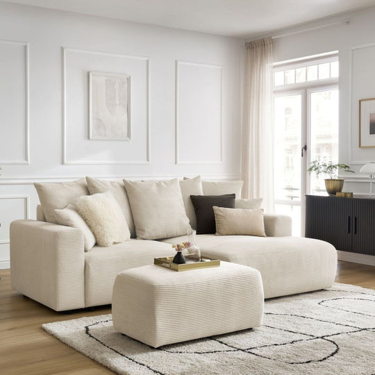 Canapé d'angle droit convertible BOBOCHIC Atilla 4 places avec coffre en velours côtelé beige