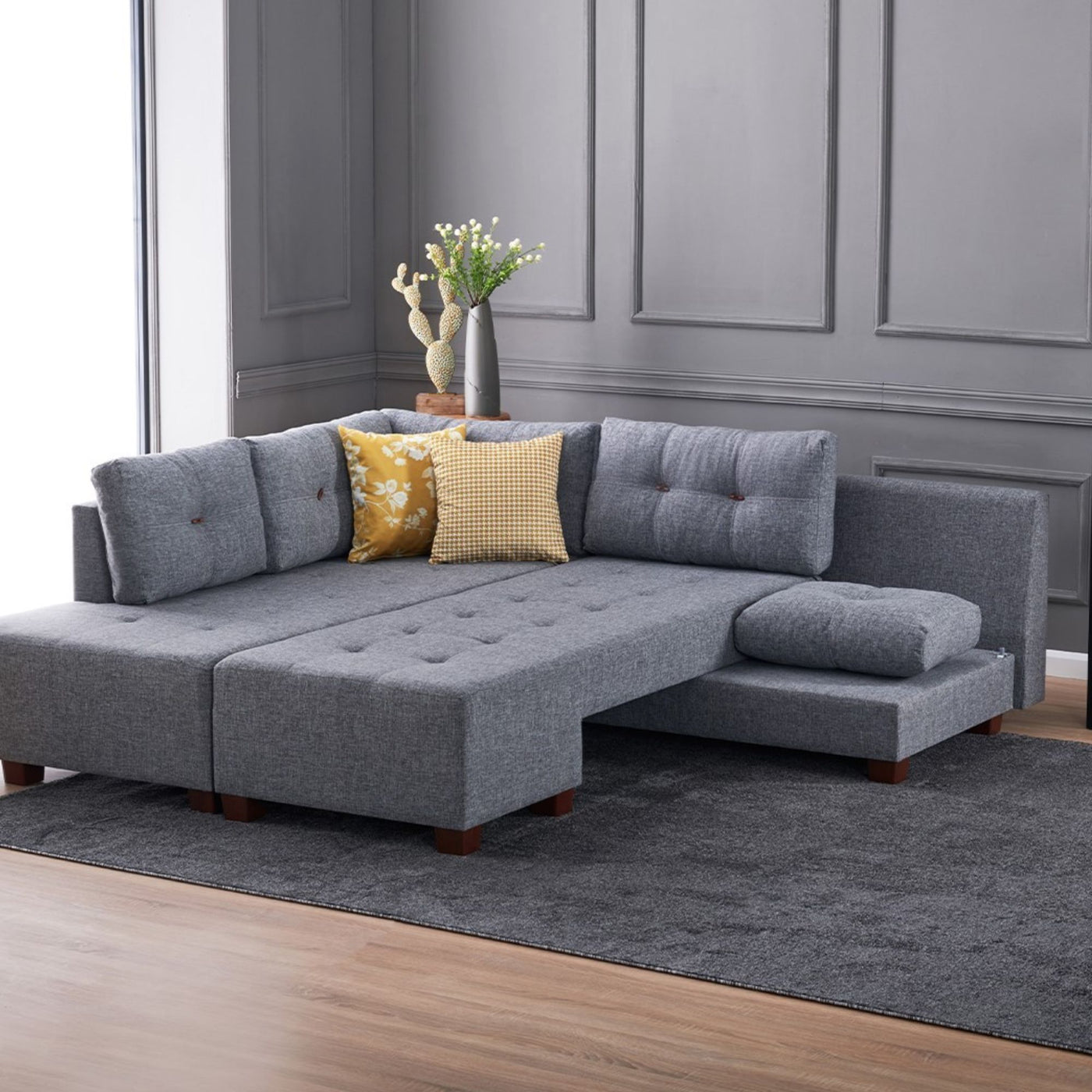 Canapé d'angle gauche convertible LES TENDANCES Divona 5 places en tissu Gris