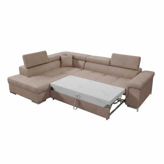 Canapé d'angle gauche convertible LES TENDANCES Marido en velours marron clair avec coffre et appuis-tête réglables